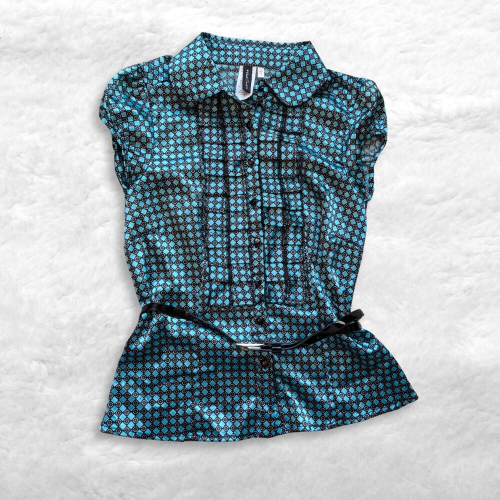 heart soul teal geometric satin belted blouse